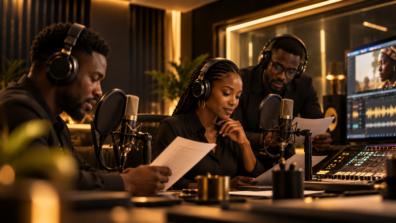 Cinematic African voice talent recording in a premium dubbing studio